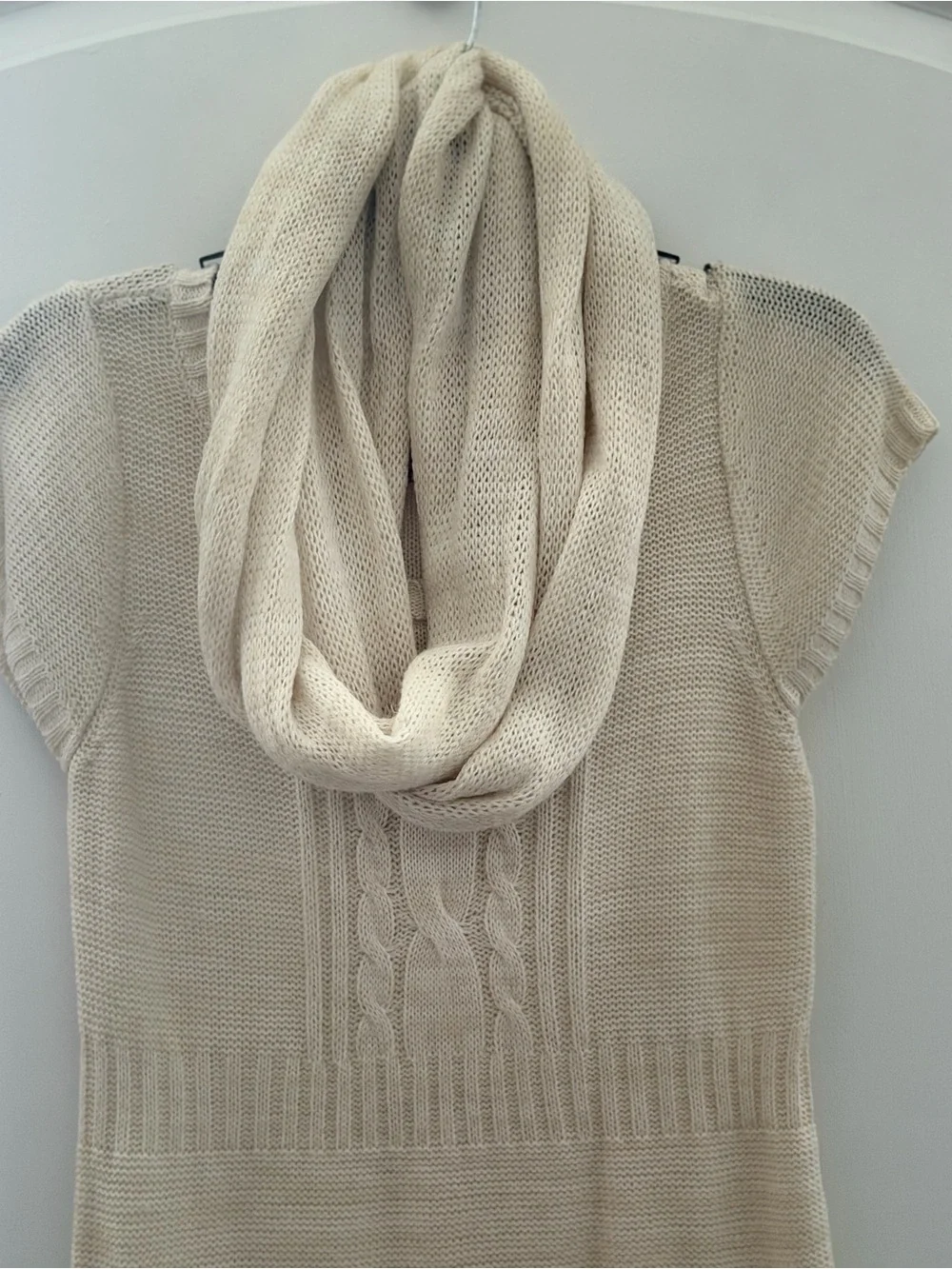 Cream Knit Sweater Dress with Infinity Scarf